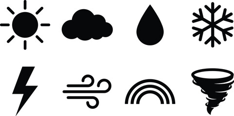 Fototapeta premium Natural Elements and Weather Phenomena Vector Icon Collection, sun cloud raindrop snowflake lightning rainbow wind tornado and atmospheric condition symbols