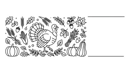 Thanksgiving Day horizontal banner with hand drawn turkey and autumn harvest elements. © Muhammad Rezki