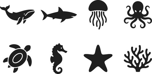 Marine Life and Ocean Creatures Vector Icon Set, whale shark jellyfish octopus turtle seahorse starfish coral reef and underwater wildlife symbols for aquatic design themes © ArtMint