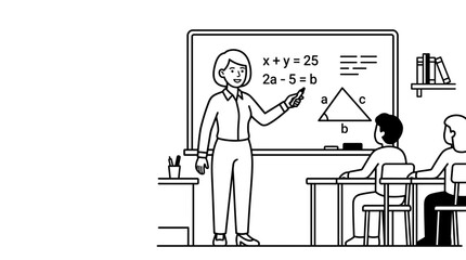 Teacher standing in front of classroom blackboard teaching mathematics to students. © Muhammad Rezki