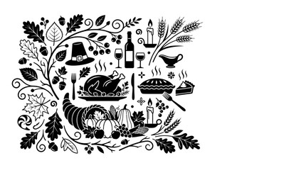 Thanksgiving dinner festive illustration with turkey cornucopia and seasonal elements. © Muhammad Rezki