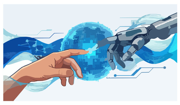 Artificial intelligence robot and human hands touching digital sphere with neural network technology vector illustration