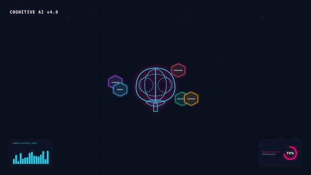 Dynamic motion featuring colorful interconnected nodes and digital data visualization for technology and science themes.