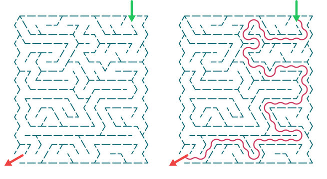 Maze design with solved path in vibrant colors