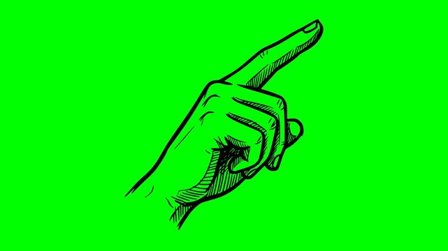 hand drawn pointing finger animation with solid black fill on green screen chroma key background loop