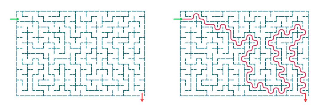 Maze design with solved path in vibrant colors