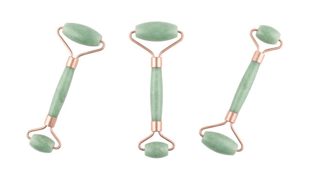 Set of 3 multi-angle views of natural green jade roller facial massager skincare tool, transparent background, 8K, PNG