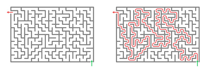 Maze puzzles diagrams with pathways and solutions in red and blue colors © Polina