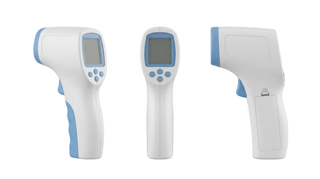 Set of 3 multi-angle views of white handheld digital infrared thermometer medical scanner, transparent background, 8K, PNG