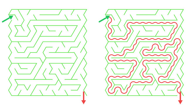 Maze design with solution path on grid background