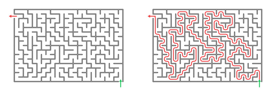 Maze puzzles diagrams with pathways and solutions in red and blue colors