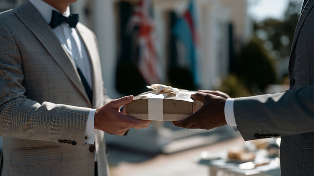 Two diplomats in formal dress exchange handcrafted ceramic gifts at a sunlit embassy courtyard, flags of two nations softly blurred in the background, perfect for cultural
