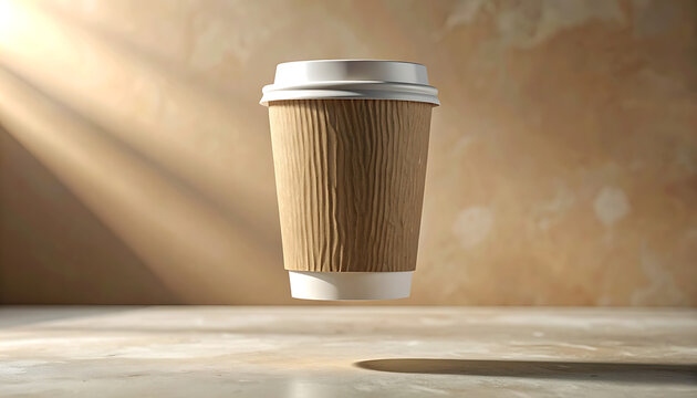 Disposable coffee cup with textured sleeve floating in warm sunlight, beverage container, cafe theme