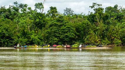Long traditional wooden boat heavily loaded with fresh green plantains and local passengers navigating a wide tropical river along a lush jungle shoreline. © RRestrepo