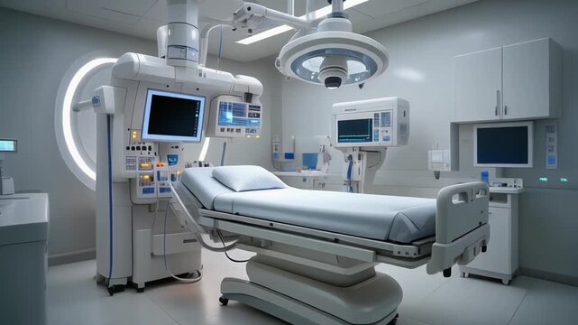 Modern medical imaging room featuring advanced C-arm fluoroscopy equipment, digital monitor, and patient table, symbolizing precision healthcare technology and diagnostic innovation in a clean environ