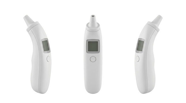Set of 3 multi-angle views of handheld electronic digital infrared forehead thermometer scanner, transparent background, 8K, PNG