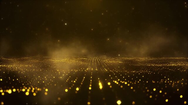 A golden particle grid extending into darkness, symbolizing data flow, energy, and futuristic digital landscapes with glowing atmospheric depth.