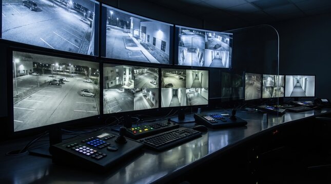 Dark surveillance control room with advanced CCTV monitoring screens, realistic reflections and cinematic lighting in modern security operations environment