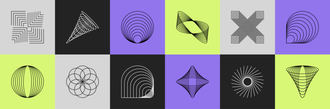 Abstract Geometric Shapes Vector Illustration Set. Collection of Linear Futuristic Shape Design Elements with Editable Stroke. 