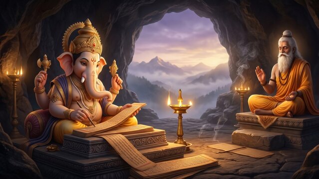 Lord Ganesha Writing Mahabharata With Vyasa