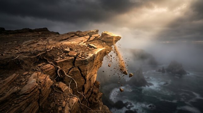 Dramatic cinematic landscape of a rocky cliff edge crumbling into the misty ocean