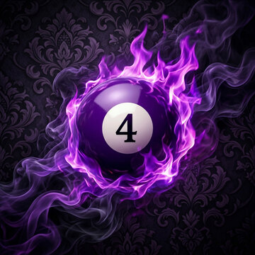 Purple billiard ball number 4 on fire with smoke and flames