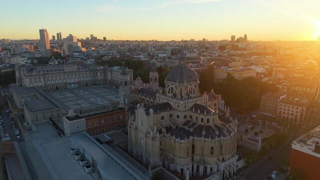 Aerial view of Royal Palace. Madrid. Spain. Medieval Buildings Landscape. Santa Maria Cathedral.