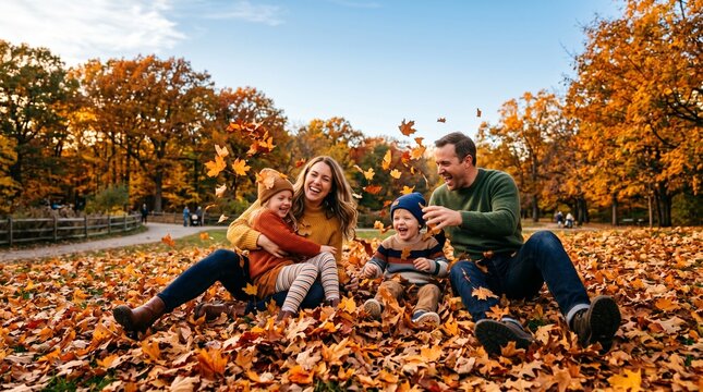 Happy family playing in autumn leaves in a park during fall season