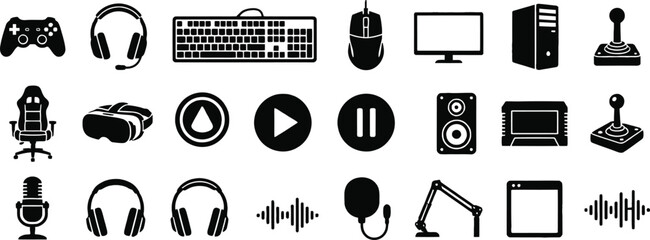 Gaming Gear Icons Pack, PC Gamer Hardware Streaming Equipment Vector Silhouette © MST SUYARA