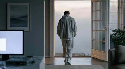 Fototapeta premium Solitary digital artist walking away from a glowing monitor after deleting a year of rejected work, early morning mist visible through the studio door left ajar, ideal for