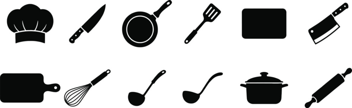 Kitchen Utensils Tool Pack, Restaurant Chef Cooking Culinary Vector Silhouette