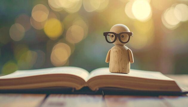 Small wooden human figurine wearing tiny eyeglasses standing on top of open book on wooden table, literature and education concept, cute academic atmosphere. Close-up.