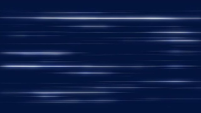 White glowing speed lines seamless loop animation with abstract horizontal light streak motion on dark blue background. 4K animated speed lines for tech, background, transitions, and motion graphics.