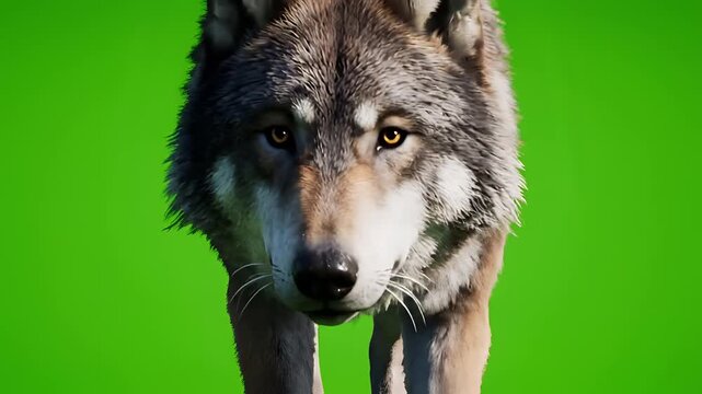 A realistic wolf walks forward on a green screen background.