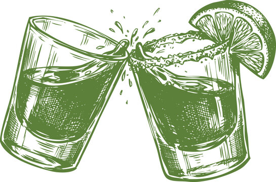 Two shot glasses with salty rim and lime slice clinking for toast celebration illustration.