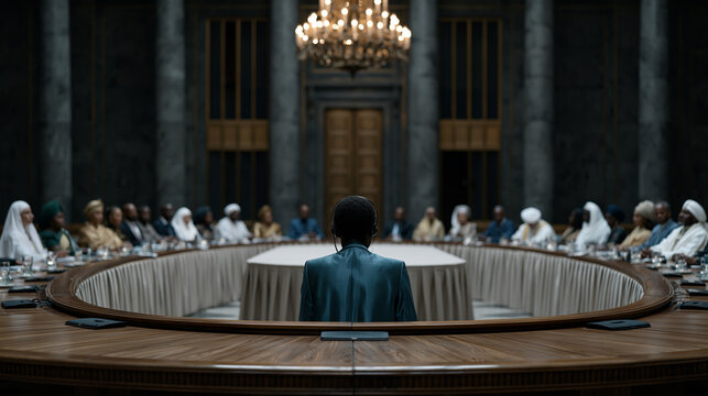 Wide establishing shot of a grand ceremonial hall where delegates in diverse national dress sit across a circular table, a translator speaking quietly into a headset at center,