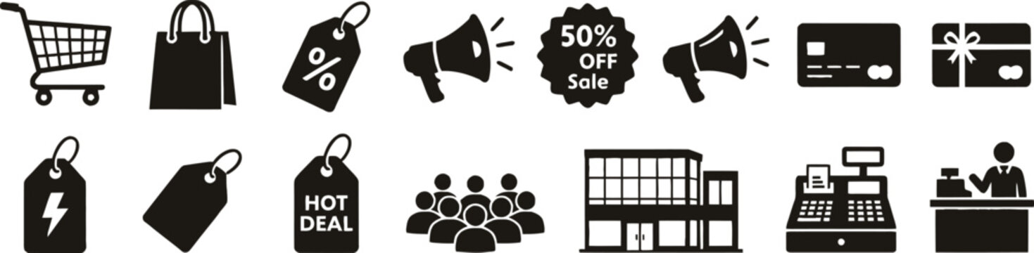Shopping Sale Icon Bundle, Retail Business Marketing Vector Silhouette