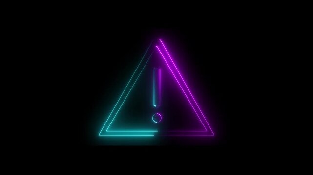 Neon warning attention navy blue color icon animation with black background