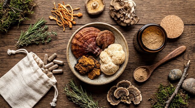 herbal remedies, an arrangement of mushroom supplements displayed attractively on a clean surface