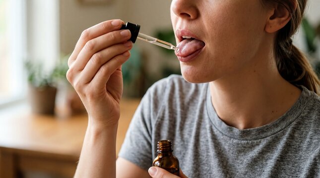 nutraceutical practices, a person holds a dropper near their tongue, focusing on wellness