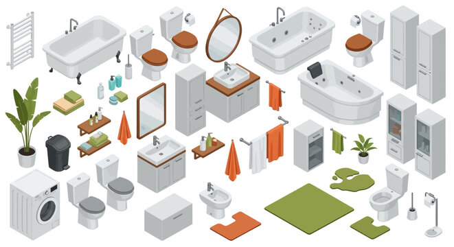 Bathroom fixtures and furniture, isometric illustration, home renovation concept, interior design elements