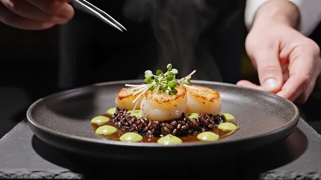 Chef Garnishing Exquisite Seared Scallops with Microgreens.