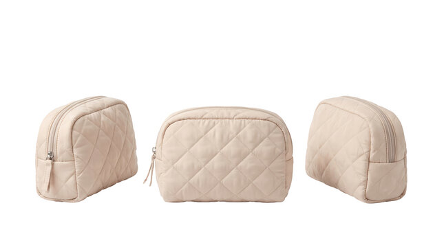 Set of 3 multi-angle turnaround views of beige quilted diamond pattern cosmetic makeup pouch, transparent background, PNG