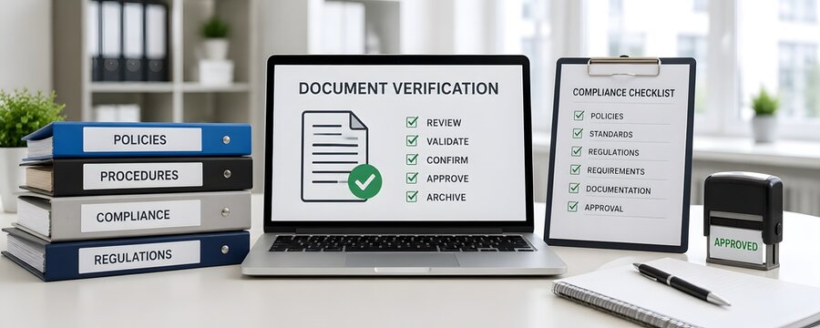 Digital document verification for compliance and regulation on a laptop with stacked policy and regulation binders, emphasizing legal and corporate security.