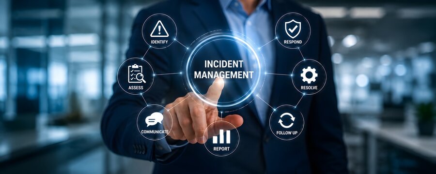 An overview of incident management and process flow with a person's hand interacting with a digital interface for the concept of business process.