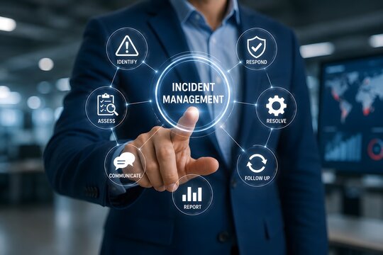 Incident management system interface with icons for response, mission, and report, representing business process efficiency and digital transformation.
