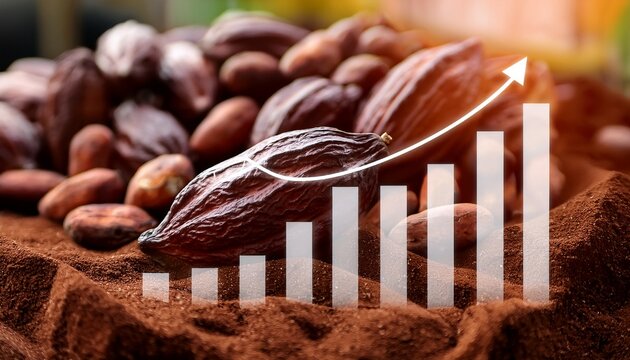 cocoa beans with a rising price chart overlay cocoa price increase