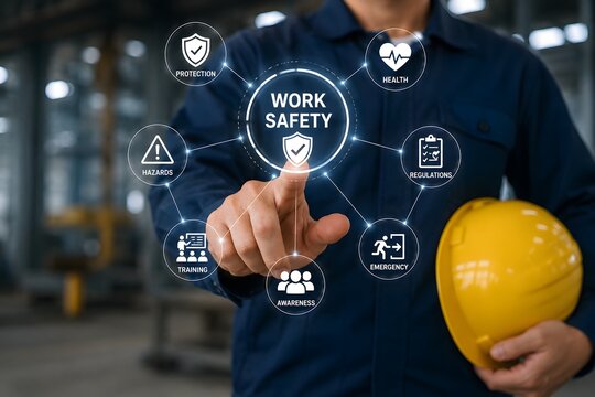 A person touching a digital interface showing work safety icons for the concept of industrial safety and security.