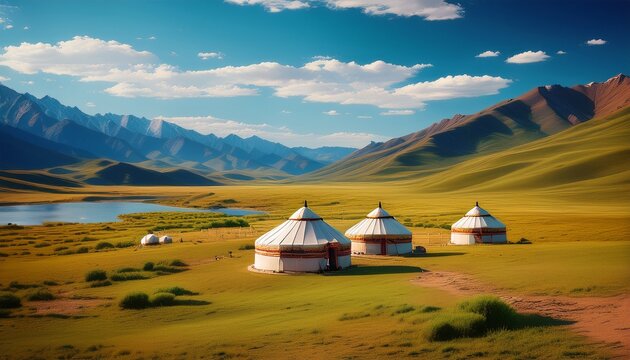 monoglia yurt gert in mongolian valley stunning scenic landscape wallpaper generative ai