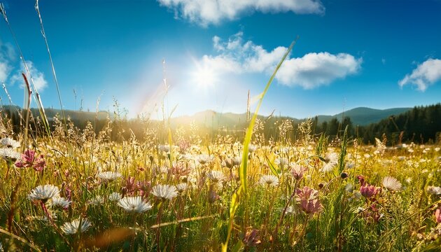 sunlit spring meadow with flowering plants and blue sky suited for seasonal backgrounds and editorial headers world earth day